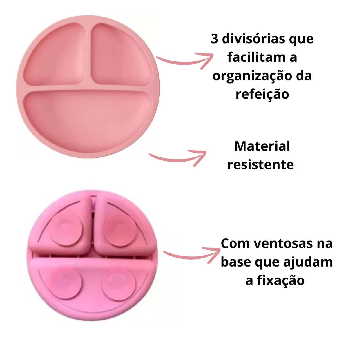 Prato De Silicone Bebê Com 3 Divisórias E Ventosas Rosa Rosa Lisa - Imagem 3