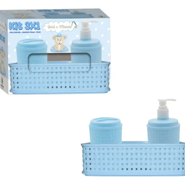 Kit 3x1 Bebê E Mamãe Porta Algodão + Porta Sabonete + Cesta Cor Azul Bebê