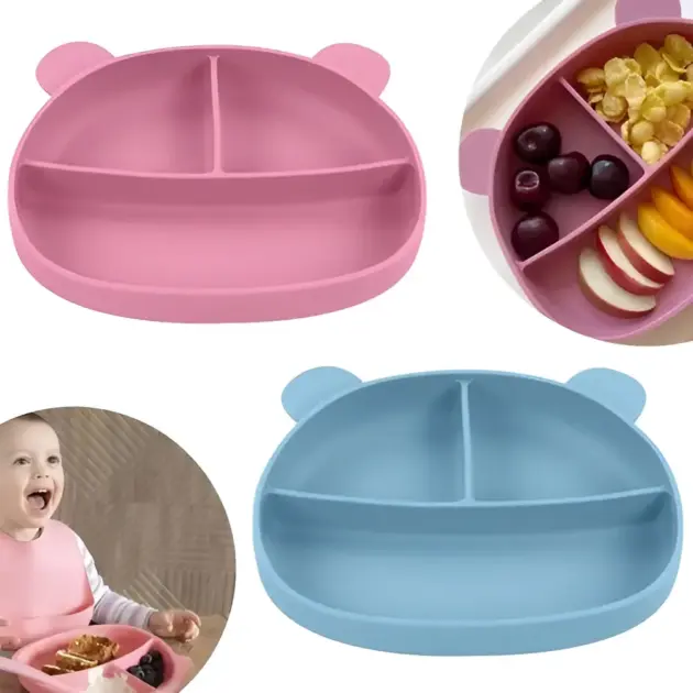 Pratinho Prato Infantil Silicone Com Ventosa 3 Divisórias Ursinho